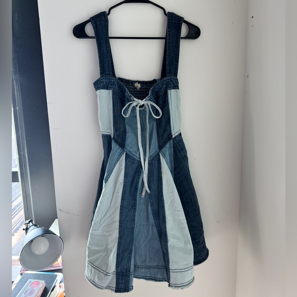 Pilcro Patchwork Denim Mini Dress – Tie Front, Size SMALL
